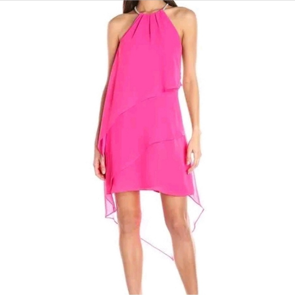 Beautiful Barbie pink laundry by SHELLI SEGAL asymmetrical chiffon dress sz 6